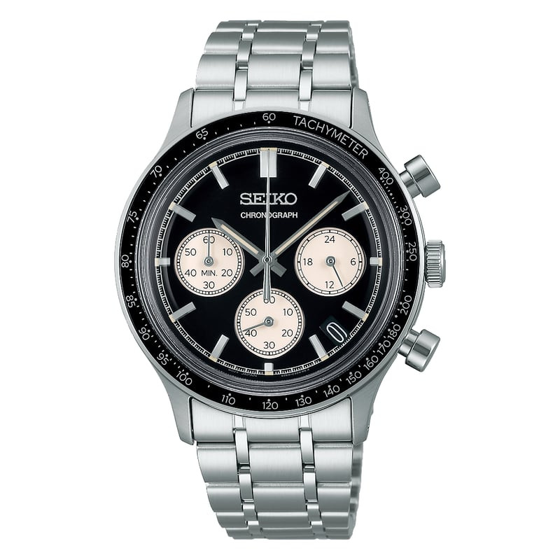 Packshot de la Montre Quartz SEIKO Collection Sport chronographe bracelet acier, cadran noir