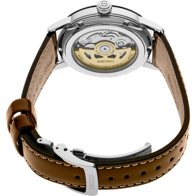 Packshot de la Montre Automatique SEIKO Collection Presage Cocktail Time bracelet cuir marron.
