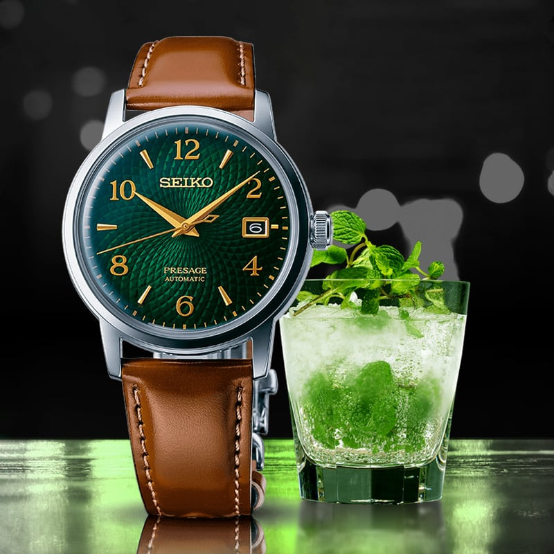 Photographie ambiante de Montre Automatique SEIKO Collection Presage Cocktail Time bracelet cuir mar
