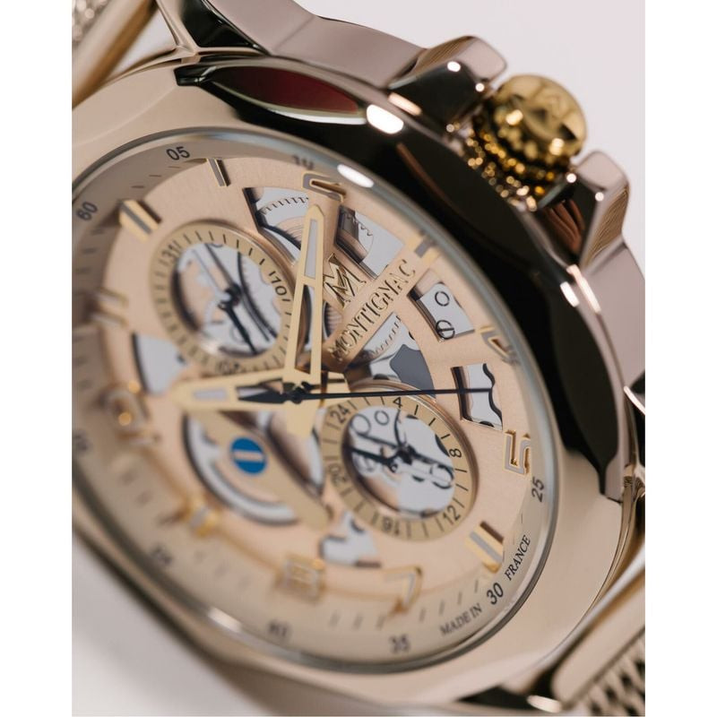 Montre Analogique MONTIGNAC Collection Origine bracelet acier doré, gros plan sur le cadran et le br