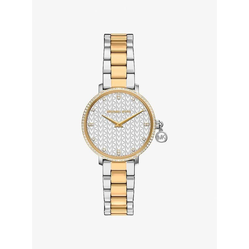 Montre femme Michael Kors Mini Pyper Pavé bicolore avec lunette à cristaux, cadran argenté et boîtie
