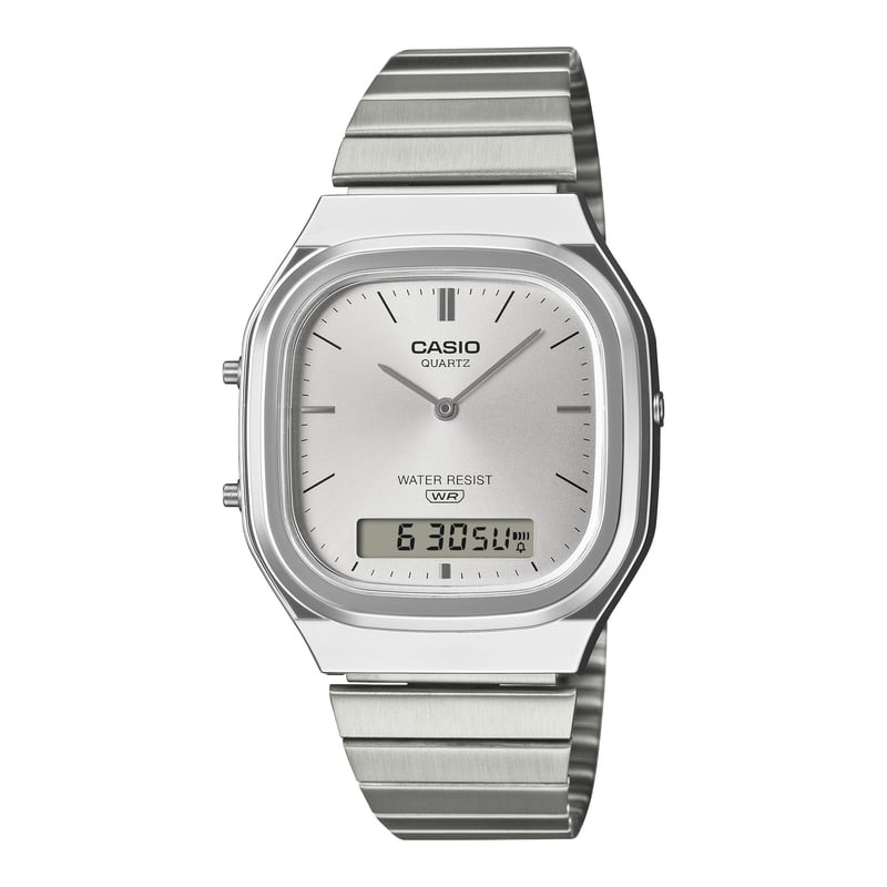 Packshot de la Montre analogique et digitale Casio collection Vintage bracelet en acier inoxydable a