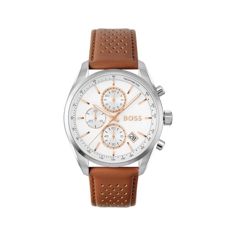 Packshot de la montre homme Quartz Chronographe Hugo Boss collection Grand Prix 44 bracelet cuir de 
