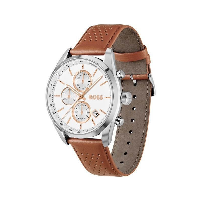 Packshot de la montre homme Quartz Chronographe Hugo Boss collection Grand Prix 44 bracelet cuir de 