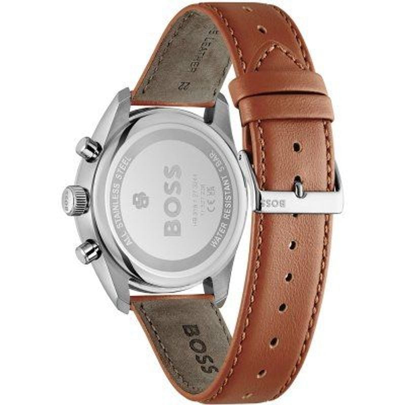 Montre homme Quartz Chronographe Hugo Boss collection Grand Prix 44 bracelet cuir de veau marron, vu