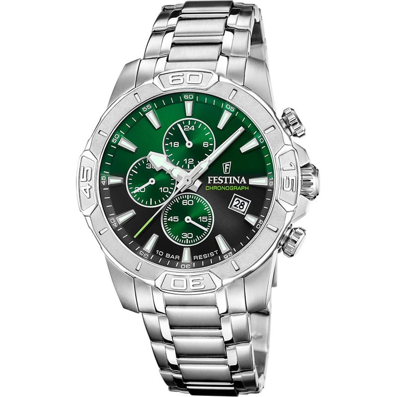 Packshot de la montre chronographe Festina 2093481 avec cadran vert et bracelet en acier inoxydable