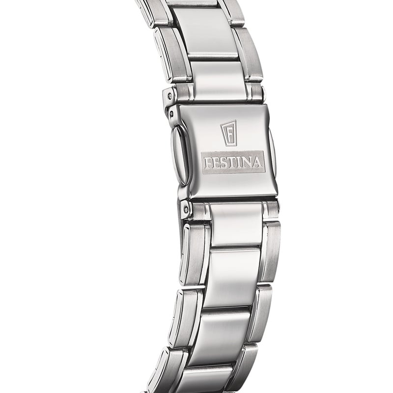 Gros plan sur le cadran bleu de la montre Festina 2093478 avec guichet de date et index des heures.