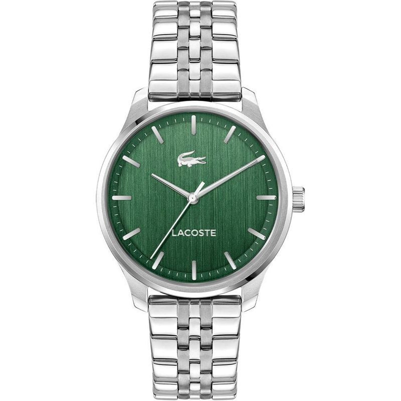 Montre LACOSTE Lisbon pour homme avec cadran vert et bracelet acier sur fond blanc