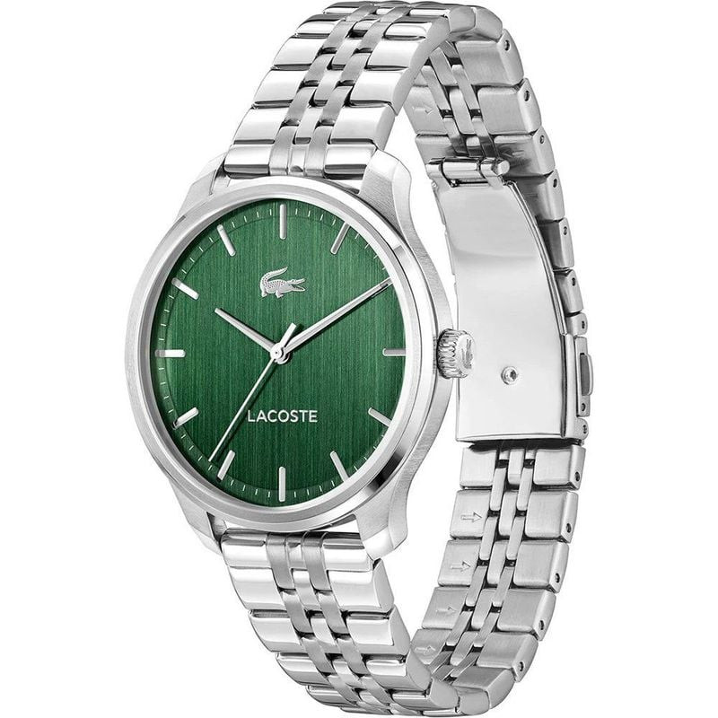 Vue latérale de la montre LACOSTE Lisbon avec cadran vert et boîtier en acier inoxydable