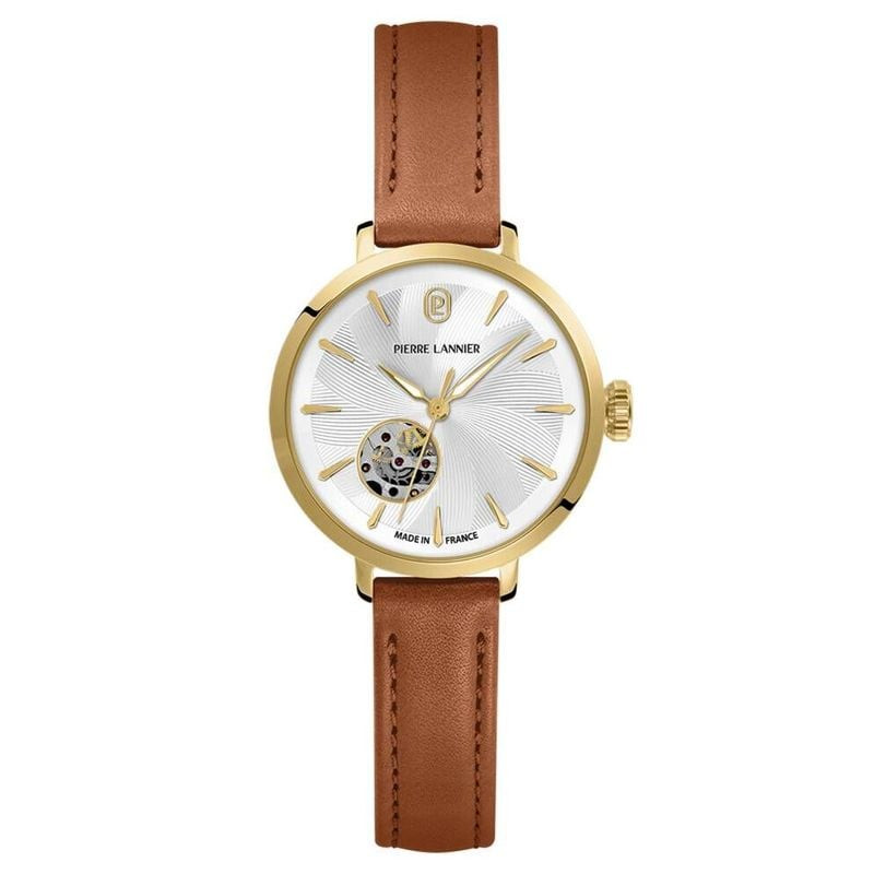 Packshot - Montre Automatique PIERRE LANNIER Collection Soline bracelet cuir brun