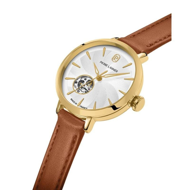 Packshot : Montre Automatique PIERRE LANNIER Collection Soline bracelet cuir brun