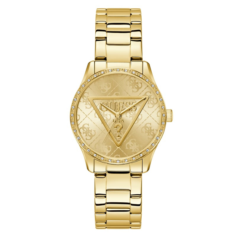 Montre GUESS Roxy femme en acier doré, cadran champagne et lunette cristal sur fond blanc