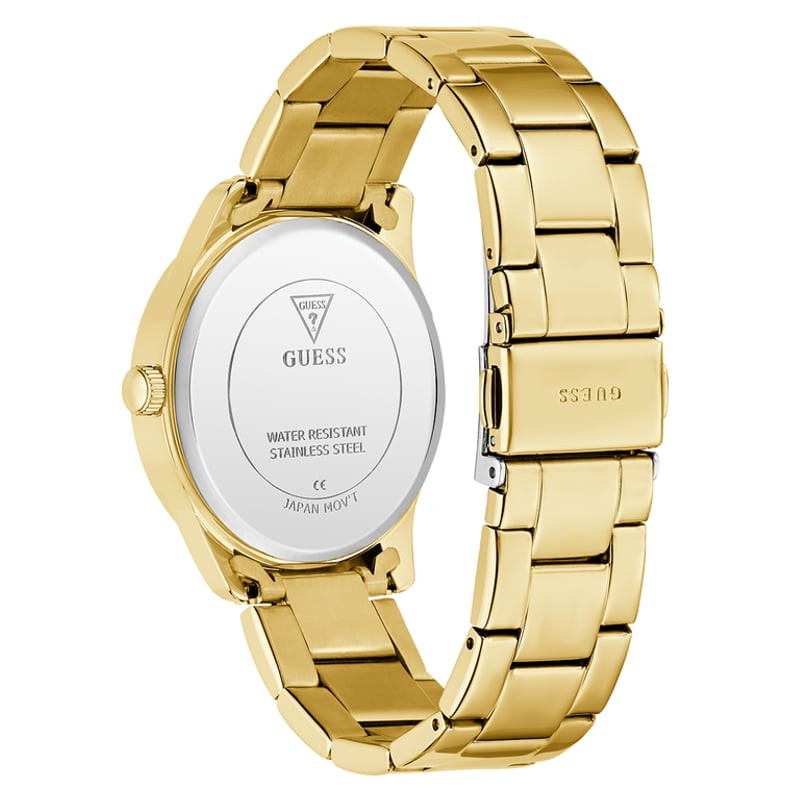 Vue en angle de la montre dorée GUESS Roxy montrant les cristaux de la lunette et le bracelet