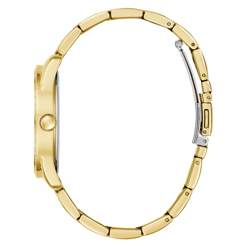 Vue arrière du boîtier de la montre GUESS Roxy avec fond en acier inoxydable
