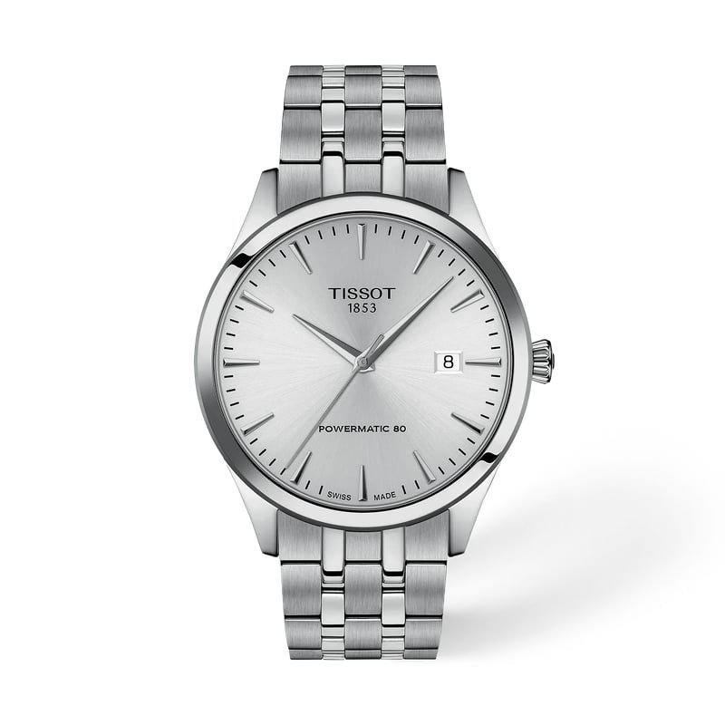 Montre Automatique TISSOT Collection Classic Dream Bracelet Acier Gris en packshot, vue de face.