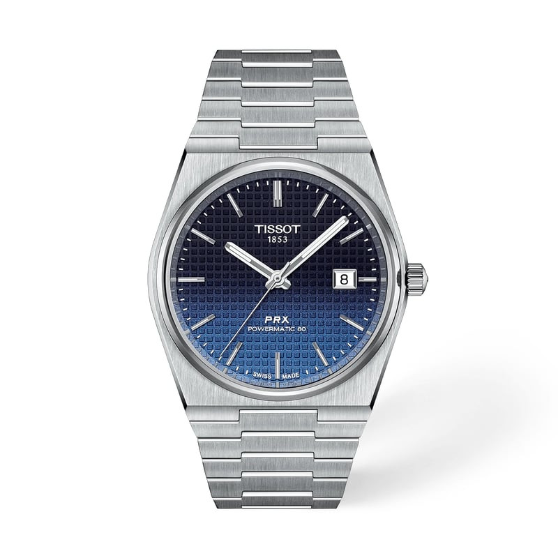 Montre automatique Tissot PRX Powermatic 80 40mm avec cadran bleu dégradé et bracelet acier, vue de 