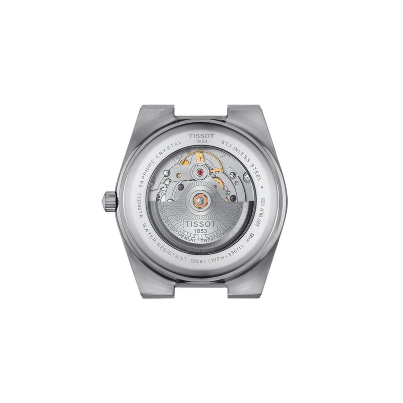 Gros plan du cadran Tissot PRX Powermatic 80 : dégradé bleu, guichet de date et aiguilles lumineuses