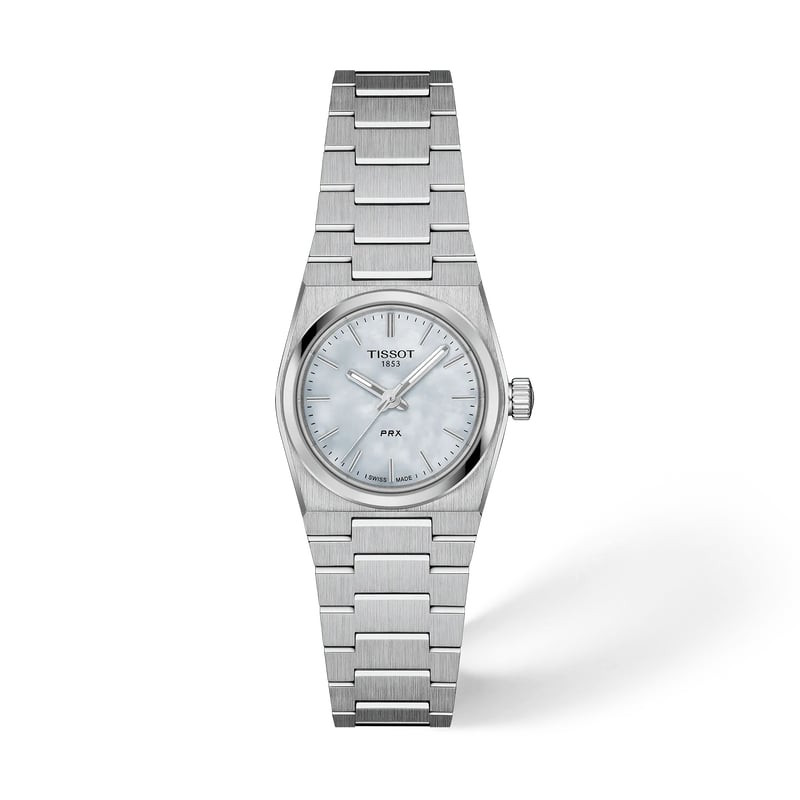 Packshot Montre Analogique TISSOT Collection PRX bracelet acier gris avec cadran nacré.