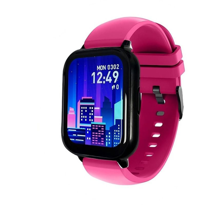 Packshot de la montre connectée SMARTY 2.0 Fitnow framboise avec boîtier rectangulaire et bracelet e