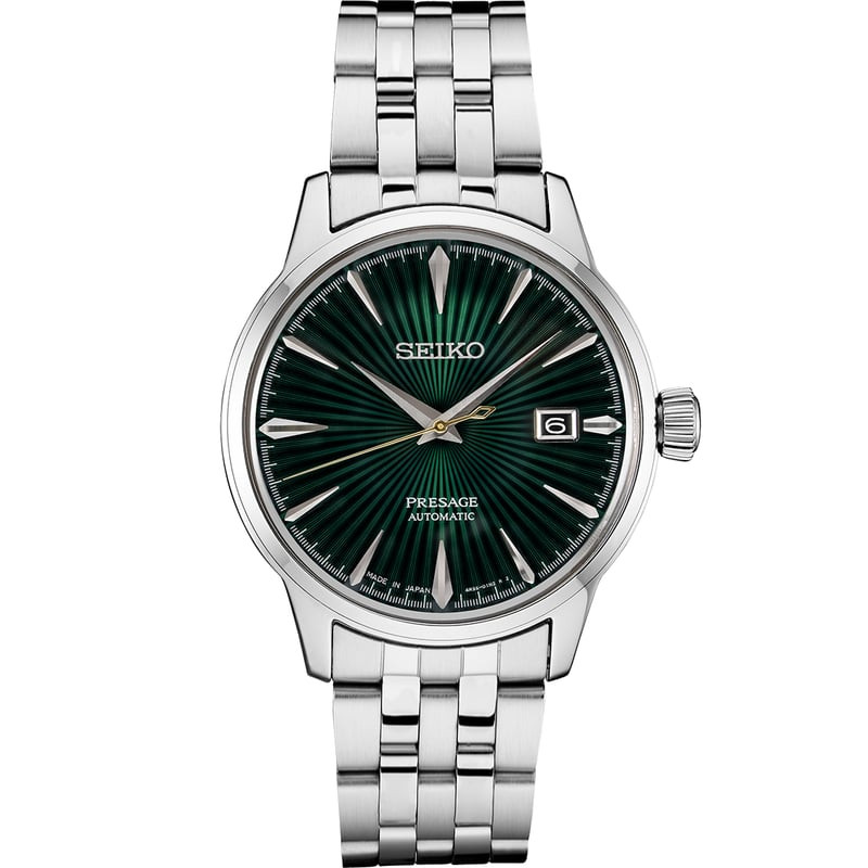 Seiko Presage Cocktail Time Mockingbird SRPE15J1 montre automatique à cadran vert texturé, vue de fa