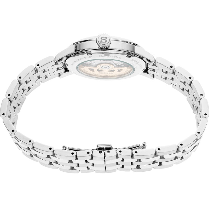 Profil latéral de la Seiko Presage Mockingbird SRPE15J1 montrant le boîtier en acier inoxydable poli