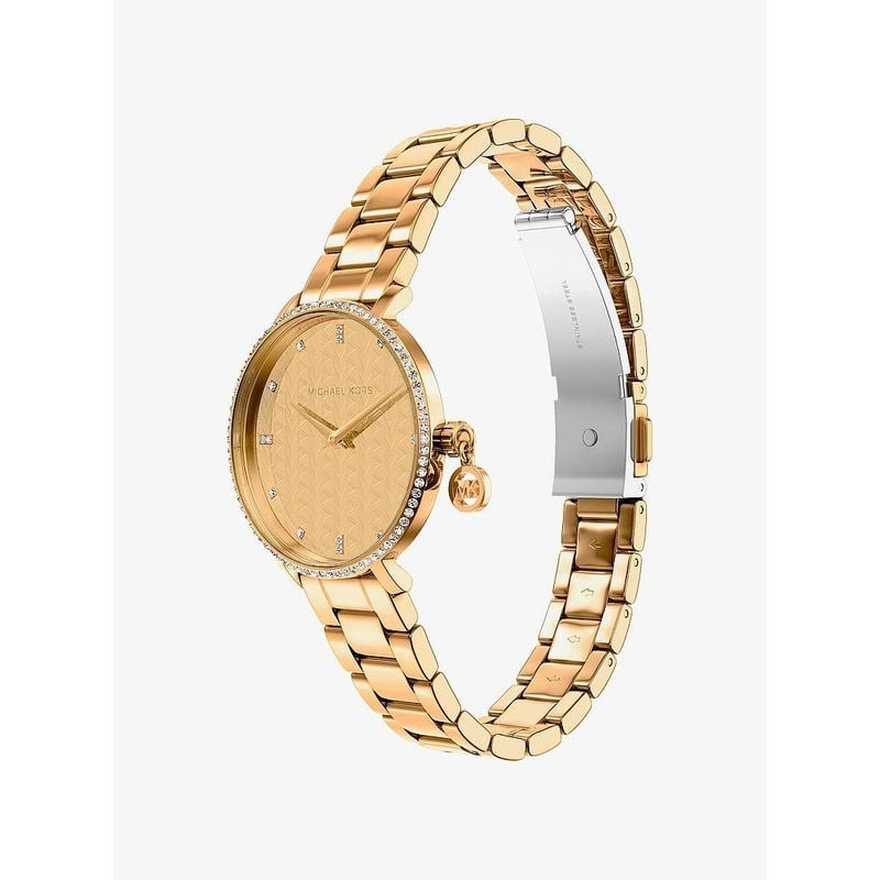 Montre Michael Kors Mini Pyper femme en acier doré avec cadran serti de pierres scintillantes, vue d