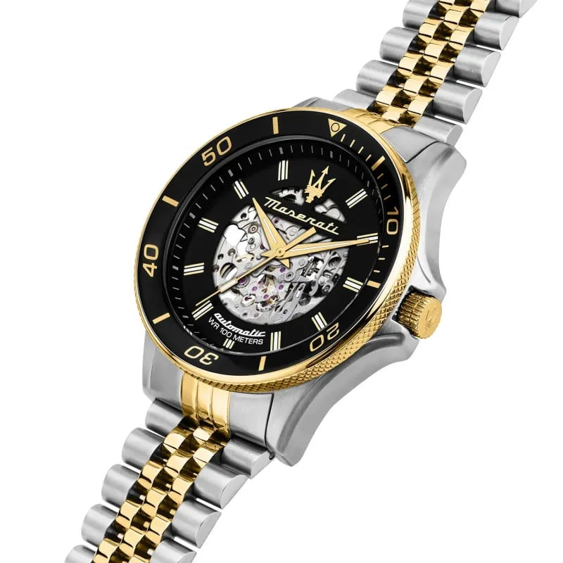 Montre automatique Maserati collection Sfida bracelet acier or et argent en packshot