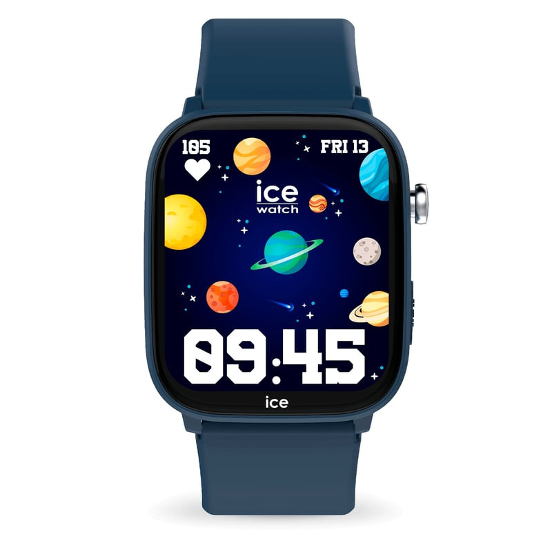 Angle latéral de la ICE-Watch Smart Junior Find Hub Blue avec bracelet silicone bleu et boîtier