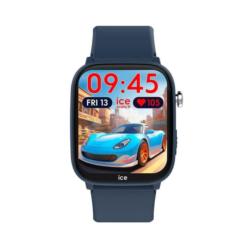 Vue arrière de la montre connectée ICE Watch Smart Junior Find Hub Blue avec contacts de charge et c
