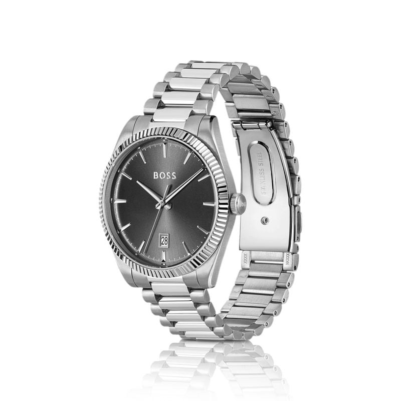 Vue latérale de la montre BOSS Cheswick 1514310 avec bracelet en acier inoxydable à maillons bombés 