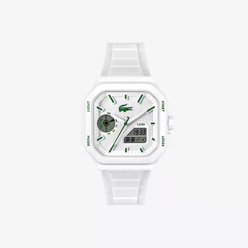 Packshot de la montre hybride Lacoste 2093612 avec cadran blanc et bracelet en silicone blanc sur fo