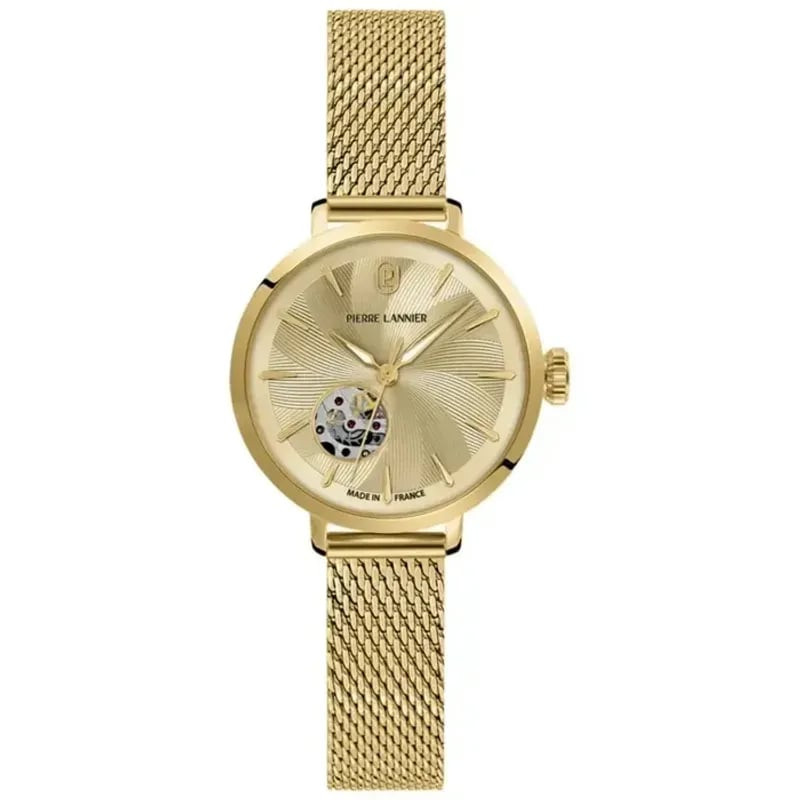 Packshot de la montre automatique femme Pierre Lannier 2094745 avec cadran doré et bracelet milanais