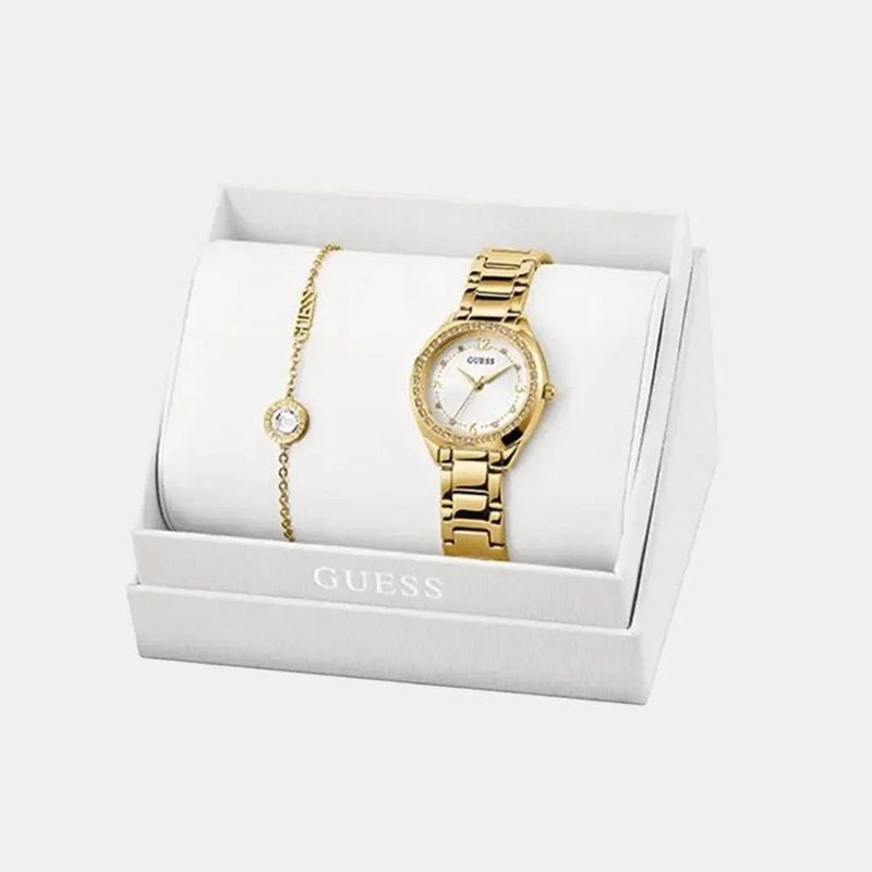Packshot de la Montre Analogique GUESS coffret bracelet acier doré avec cadran blanc et cristaux