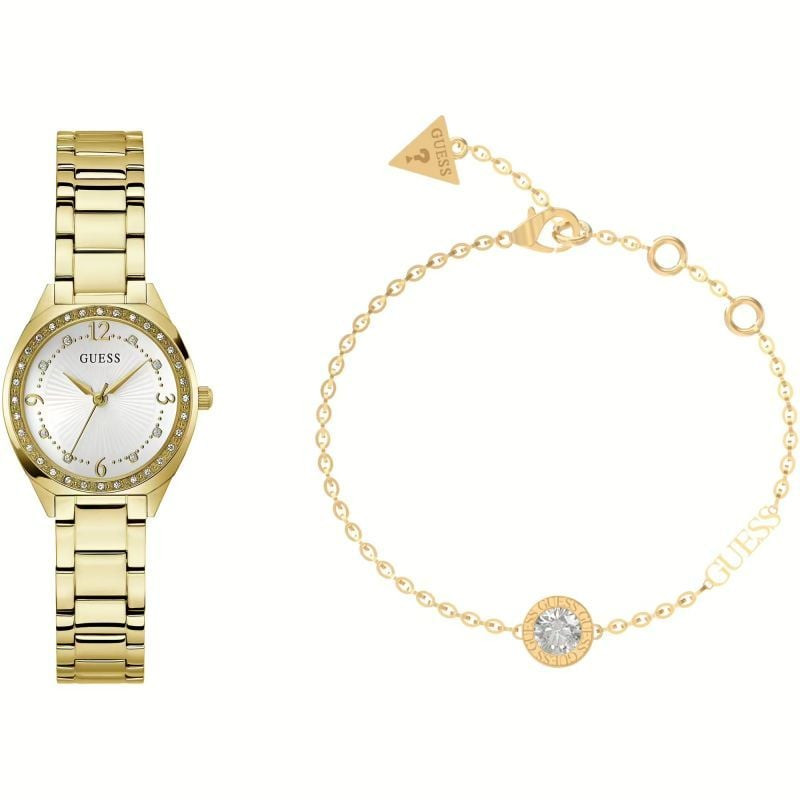 Packshot de la Montre Analogique GUESS coffret bracelet acier doré, écrin élégant