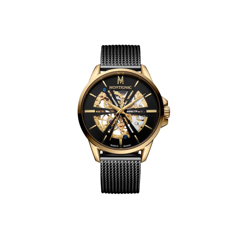 Montre Automatique MONTIGNAC collection Origine Bracelet acier noir en packshot