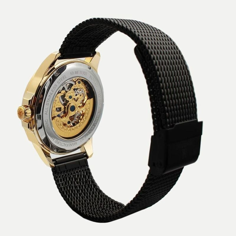 Vue détaillée de la Montre Automatique MONTIGNAC collection Origine Bracelet acier noir