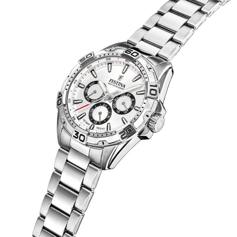 Profil latéral de la montre Festina 2093479 avec bracelet en acier inoxydable brossé et couronne sur