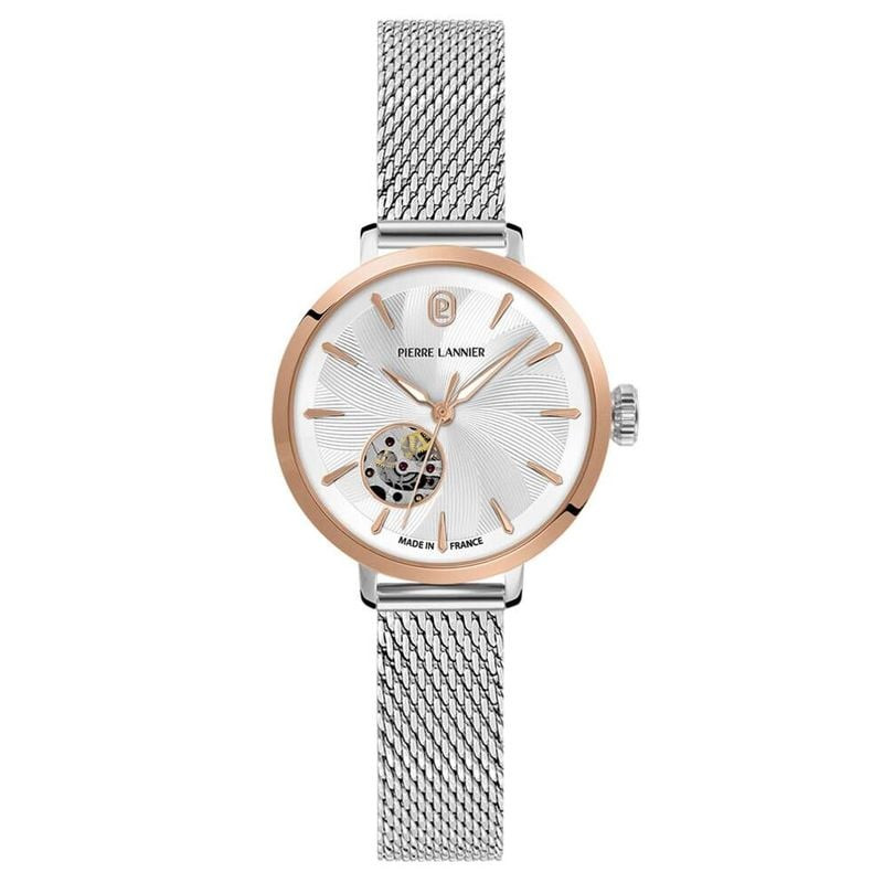 Packshot de la montre automatique femme Pierre Lannier 2094743 avec cadran guilloché argenté et brac