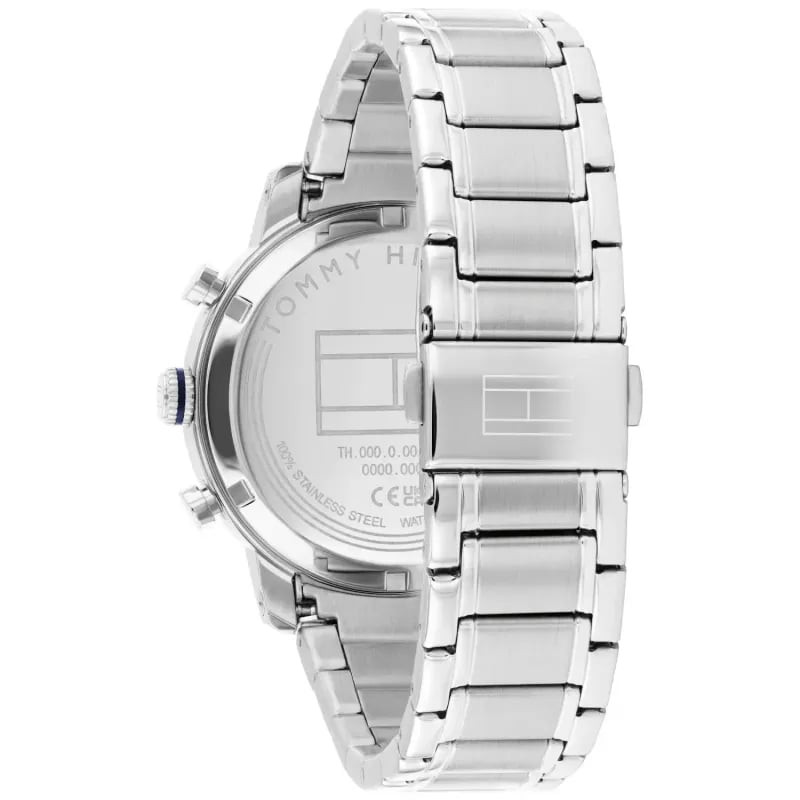 Détail du cadran bleu de la Montre Analogique TOMMY HILFIGER Collection TH-Oxford bracelet acier arg