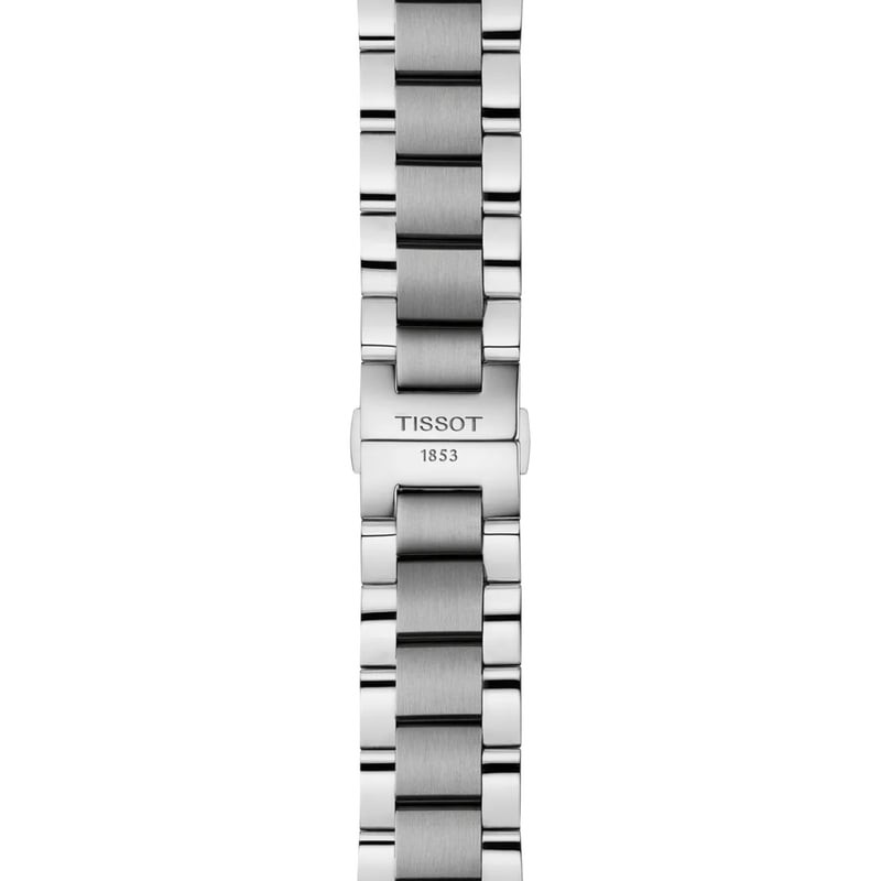 Gros plan sur le bracelet en acier inoxydable de la Tissot Chrono L avec finition brossée et maillon