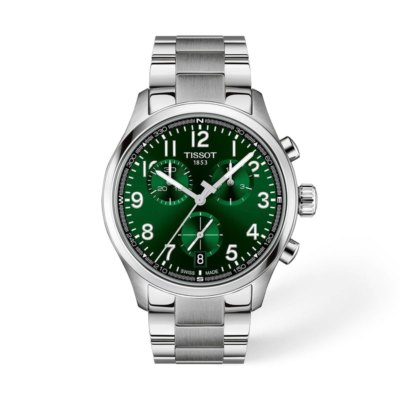 Montre homme Tissot Chrono L à cadran vert et bracelet acier inoxydable, vue de face sur fond blanc.