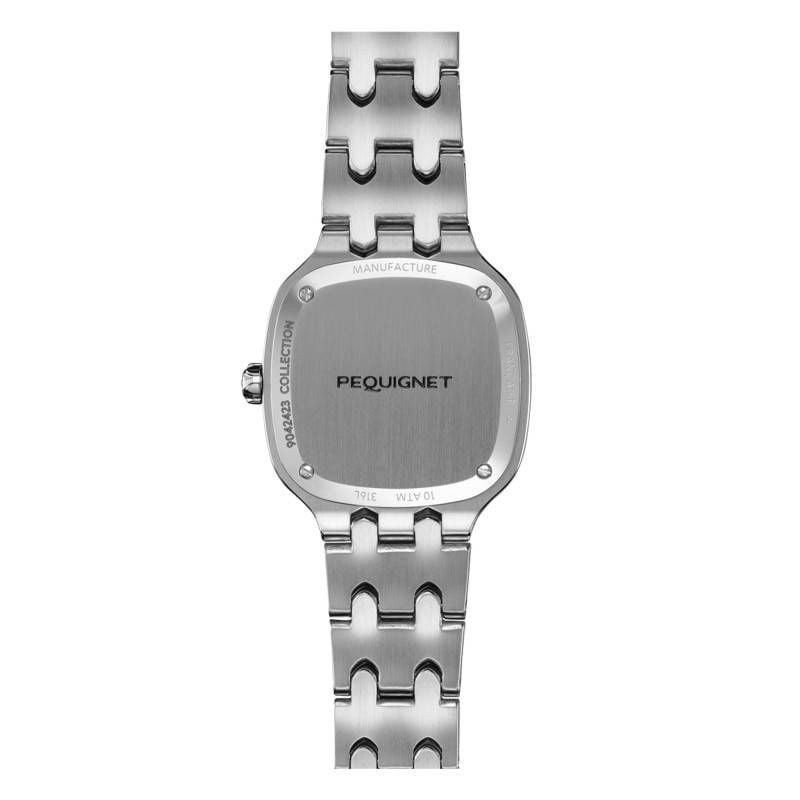 Fond de la montre Pequignet Concorde avec gravure 316L, étanchéité 10 ATM et bracelet en acier