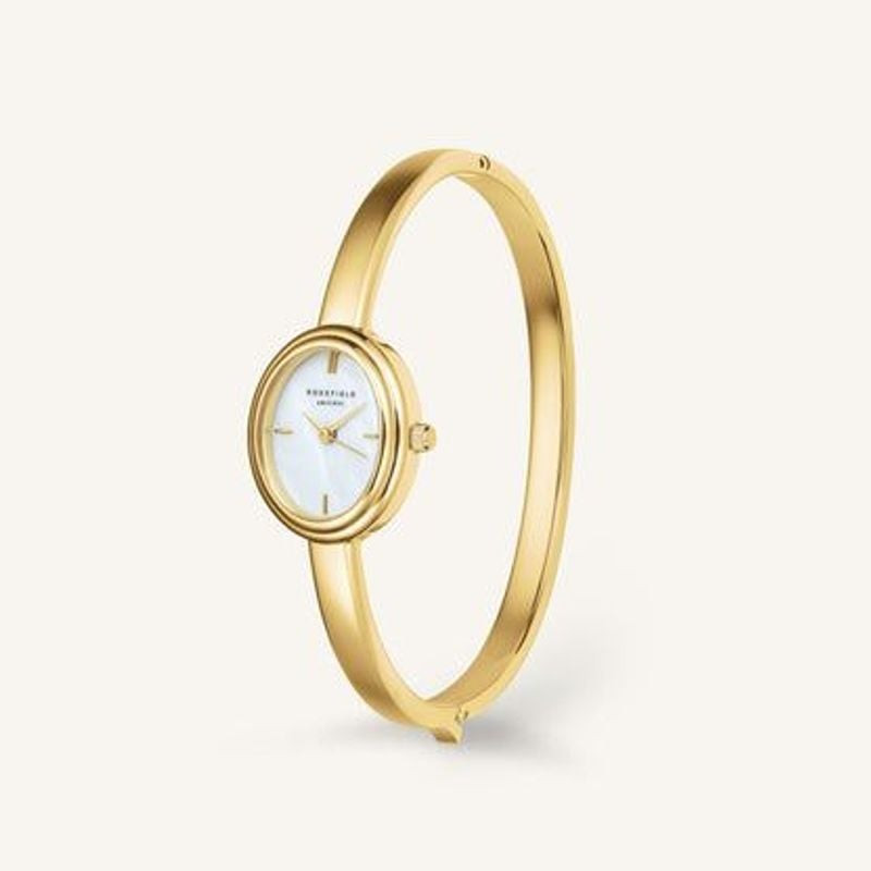 Packshot de la Montre Analogique Rosefield Collection Studio Bangle bracelet acier doré sur fond bla