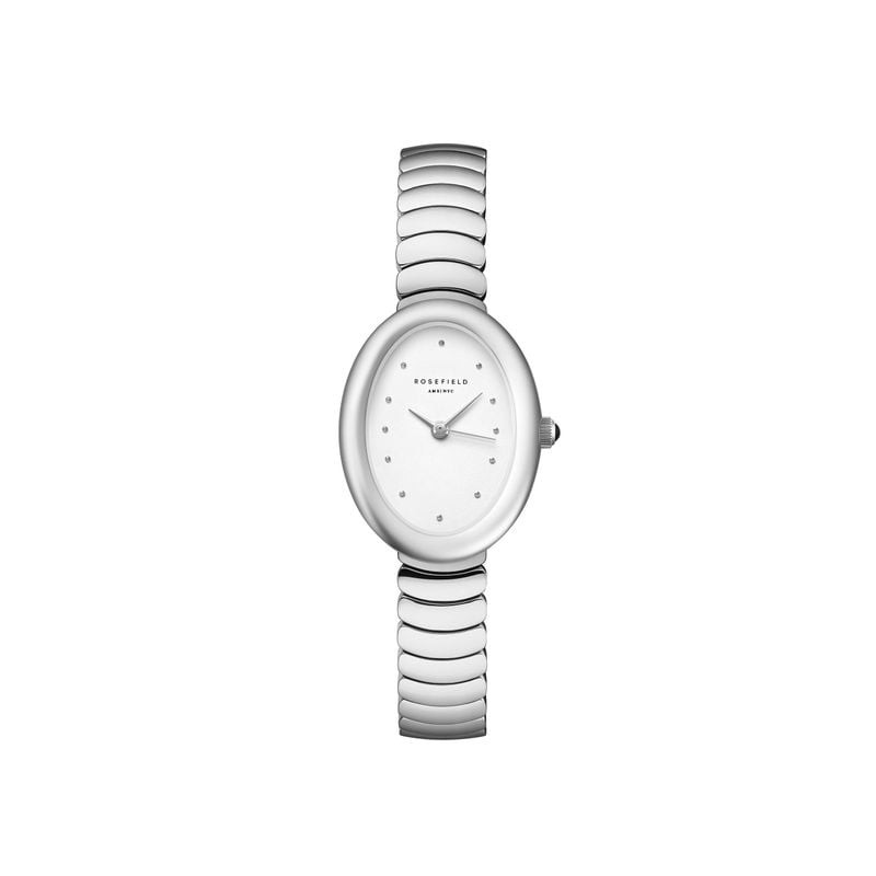 Montre Analogique Rosefield Collection Oval Evolution, bracelet acier argenté, packshot sur fond bla