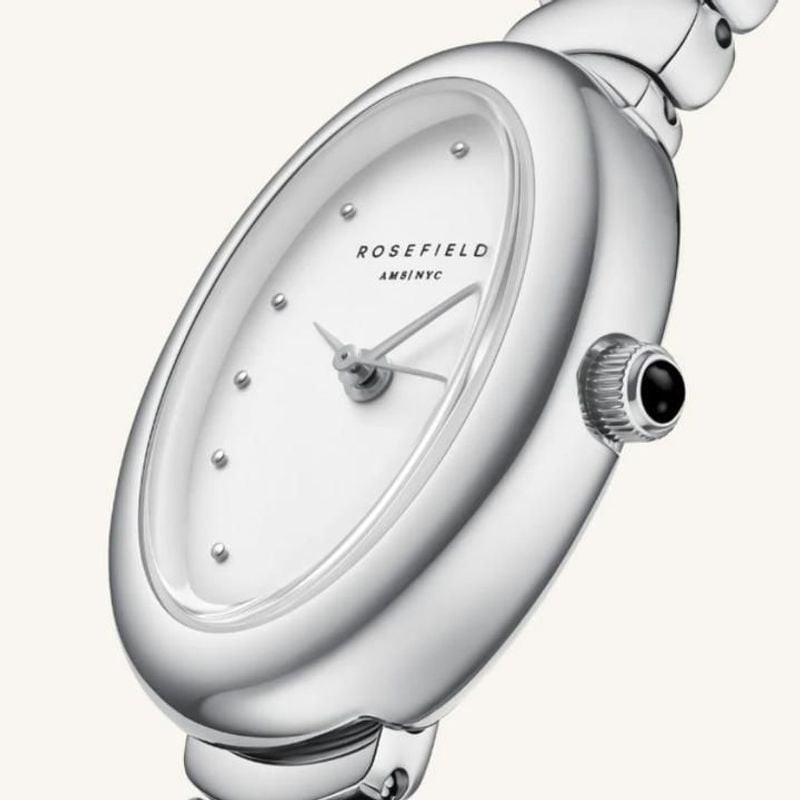 Montre analogique Rosefield Collection Oval Evolution, bracelet acier argenté et boîtier ovale vu de