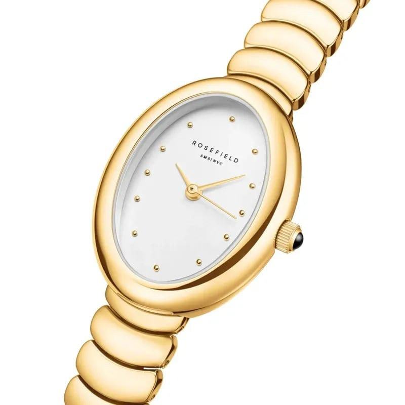 Packshot de la Montre Analogique ROSEFIELD Collection Ovale bracelet acier doré, cadran blanc et boî