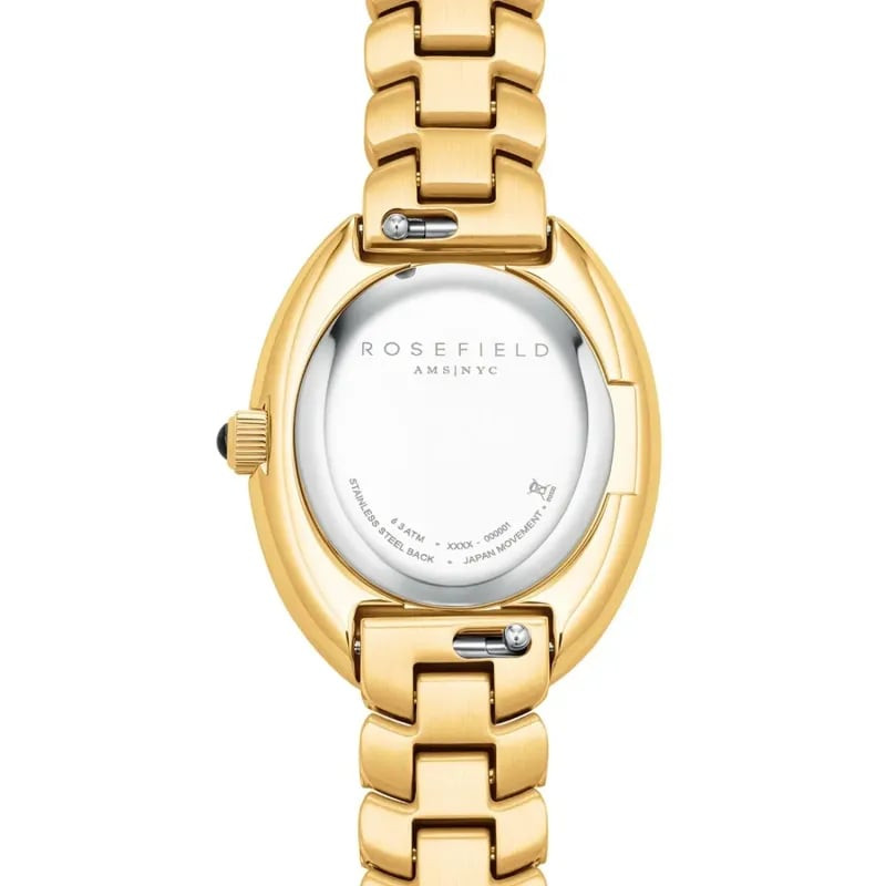 Détail de la Montre Analogique ROSEFIELD Collection Ovale bracelet acier doré, cadran blanc mat