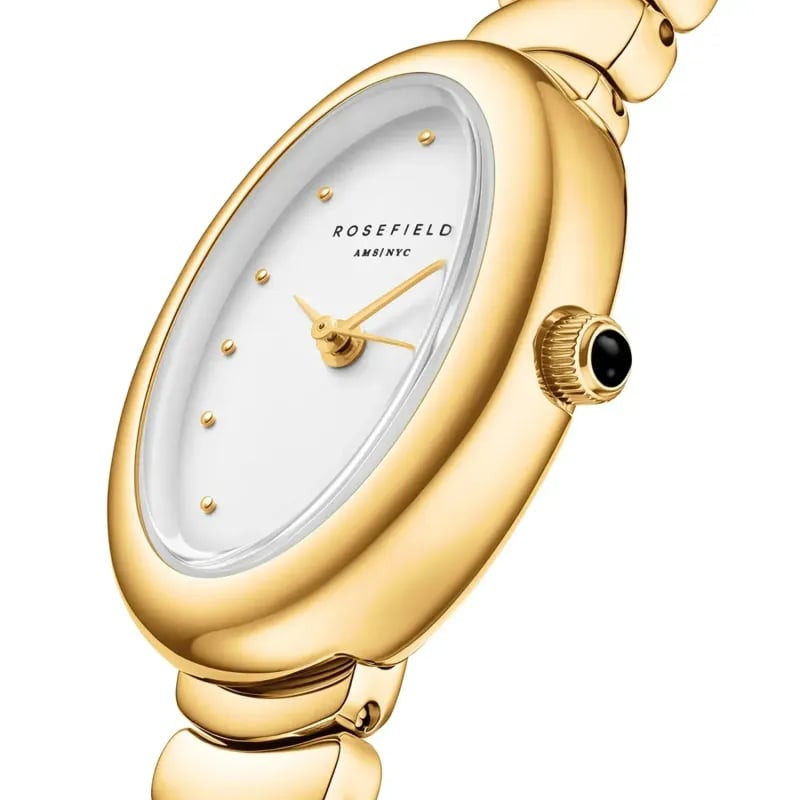 Montre Analogique ROSEFIELD Collection Ovale bracelet acier doré vue de face sur fond blanc