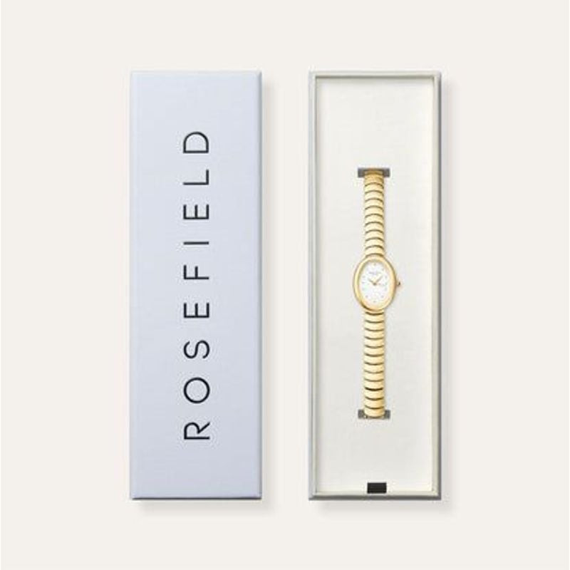Packshot de la Montre Analogique ROSEFIELD Collection Ovale bracelet acier doré sur fond neutre