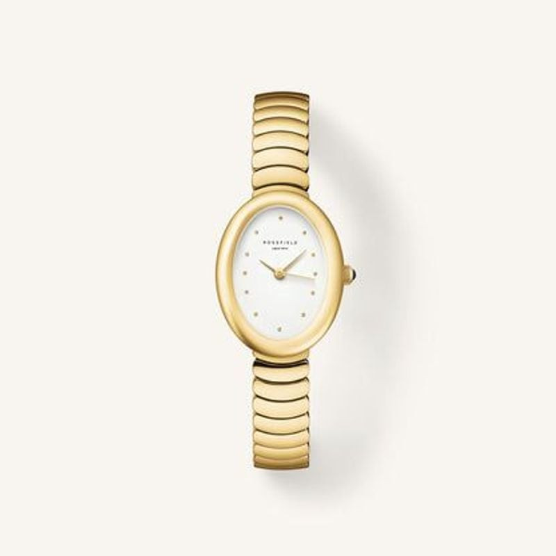 Packshot de la Montre Analogique ROSEFIELD Collection Ovale bracelet acier doré sur fond blanc